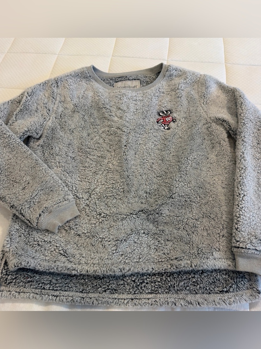 boxercraft Light Gray Sherpa Crewneck with Embroidered Wisconsin Badger Mascot
